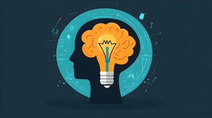 Poster - Silhouette of a human head with a light bulb as the brain,symbolizing creative thinking,innovative ideas,problem-solving,and intellectual growth.