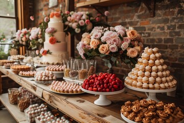 Sticker - Elegant Dessert Table Displayed With Floral Arrangements at a Celebration Venue