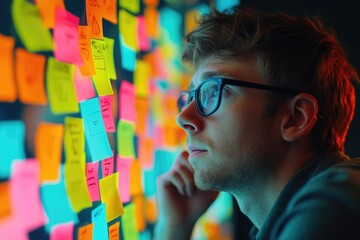 Wall Mural - Man examining sticky note wall