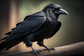 Wall Mural - Close up portrait of a black raven, Corvus corax. ai generative