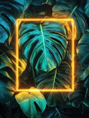 Poster - Neon Frame Tropical Leaves