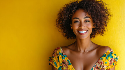 Cheerful African-American Woman in Colorful Floral Dress Against Yellow Background, Smiling Happily, Vibrant and Joyful Mood, Summer Fashion and Style Concept