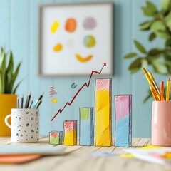 Poster - Vibrant and playful freehand bar chart capturing the quarterly financial performance of a business in a warm cozy home office atmosphere with colorful pastel tones and doodle like elements