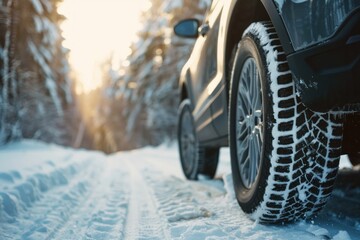 Car tire on snow-covered road at sunrise. Winter driving and transportation concept.