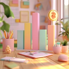 Poster - whimsical 3d rendered bar chart capturing quarterly financial performance in vibrant pastel tones wi
