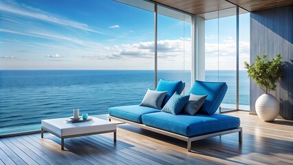 Blue modern chaise lounge with pillows and side tables by the ocean in a contemporary interior, chaise lounge, blue