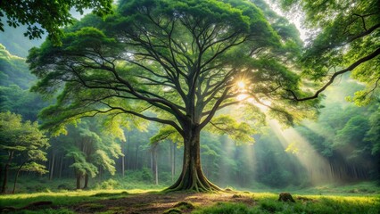 Poster - A peaceful scene of a tall tree standing among a lush forest setting, nature, green, trees, forest, tranquil, serene