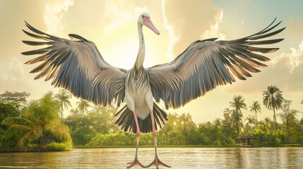 Pelican in Flight: A majestic pelican with its wings outstretched, bathed in the golden light of a setting sun.  A symbol of freedom and grace, this pelican stands majestically against a backdrop of l