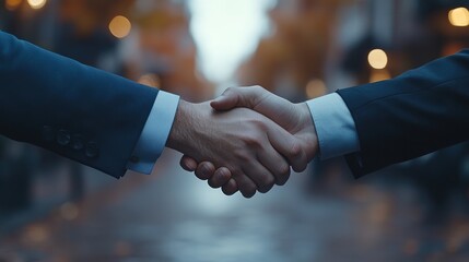 Wall Mural - Executives from different companies shaking hands, symbolizing successful business cooperation and mutual benefit.