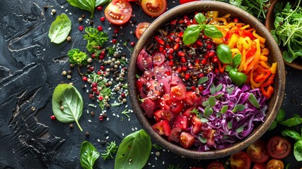 Fresh vegetable salad bowl with tomatoes, peppers, and herbs on a dark background