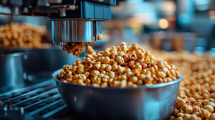 Poster - Industrial Peanut Snack Production Machine in Action Creating Nutty Delights in Steel Bowl, Automated Food Processing, Modern Factory Setup, High-Quality Nut Manufacturing, Peanut Snack Cuisine