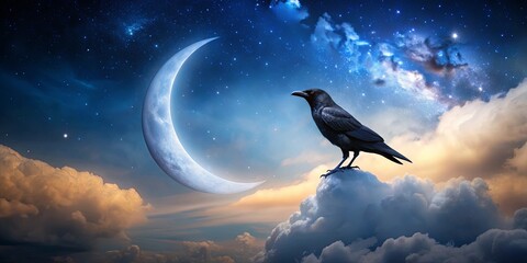 Wall Mural - Crow perched on crescent moon in night sky, crow, crescent moon, night sky, stars, mystical, fantasy, nature, bird, black