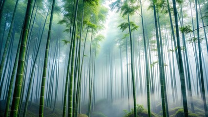 Wall Mural - A serene forest scene with bamboo trees shrouded in thick fog, forest, bamboo, fog, mist, nature, tranquil, peaceful, green