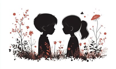 brothers and sisters day, may 2. illustration of the silhouette of a boy and girl with floral ornaments. Design for national day celebration. silhouettes of little boys and, Generative AI