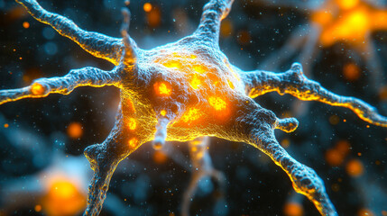 Poster - Detailed Closeup of Isolated Neuron with Intricate Patterns and Structure - Focused Nervous System Cell with Yellow Outlines - Scientific and Meditative Concept