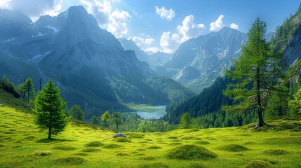Wall Mural - mountain valley with lush greenery and a serene lake under a clear blue sky on a sunny day