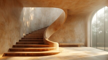 Poster - elegant curved wooden staircase in a sunlit modern interior space