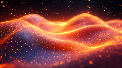 Poster - dynamic abstract digital waves with glowing particles, network data visualization, futuristic techno