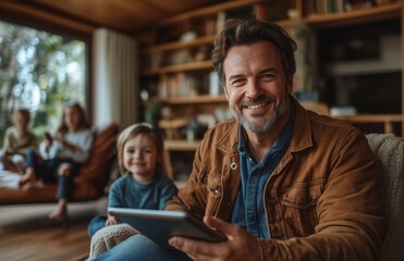 Happy father with a tablet, sitting on a chair in a modern living room, children playing nearby