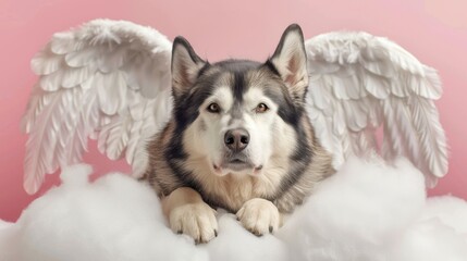 adorable dog with angel wings resting on clouds, set against a soft pink background, evoking a seren