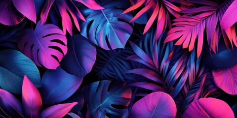 Canvas Print - Purple and Blue Leaves on Black Background