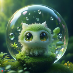 Wall Mural - The green cute kind sweet plant with big adorable eyes, inside a bubble, detailed, adorable (