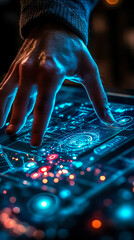 Poster - futuristic interactive business technology: hand interacting with ai data visualizations on advanced