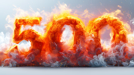 Fire number five hundred (500) on white background. Alphabet number made of fire flames, red, orange hot metal font in flames with smoke grey. Realistic graphics template pattern. Abstract Texture.