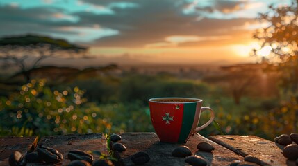 Kenya flag, coffee , taken with a Sony a7R IV, using Leica 11678 with cinematic lighting,generative ai