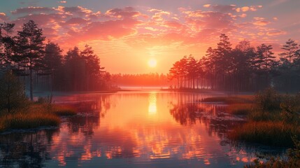Wall Mural - sunset reflecting on a tranquil lake surrounded by trees in a serene landscape