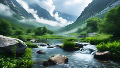 Wall Mural - The quiet valley is shrouded in clouds and mist, the murmuring streams and full of greenery.