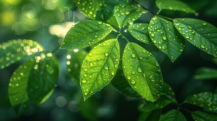 Wall Mural - fresh green leaves glistening with raindrops in a lush forest during early morning sunlight