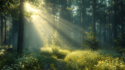 Wall Mural - sunlight streams through trees in a tranquil forest meadow during early morning hours