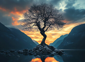 Wall Mural - amazing landscape with tree at sunset, AI generated image