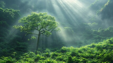 Wall Mural - sunlight filters through trees in a lush forest with vibrant ferns during the early morning