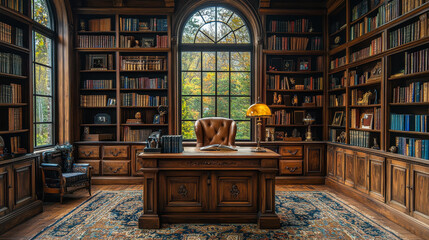 Elegant Study Room with Wooden Desk, Bookshelves, and Armchair in a Cozy Home Library Setting, Bright Lighting, Classic Decor, and a Serene Atmosphere for Reading and Concentration