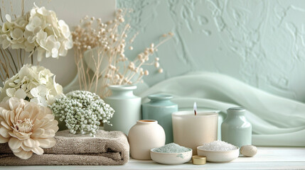 a serene color palette with soft seafoam green, pale gold, light beige, and crisp white. ideal for t