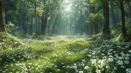 Wall Mural - lush forest clearing with wildflowers under soft sunlight in the afternoon
