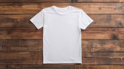 Minimalist Solid Color T-Shirt Design on Wooden Background | Front View of Plain Tee | Fashion Apparel Mockup for Branding Presentations, generative Ai