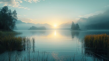 Wall Mural - peaceful sunrise over a tranquil lake surrounded by mountains and lush vegetation