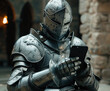 © FranKissStudio - Medieval knight using smartphone in ancient castle setting