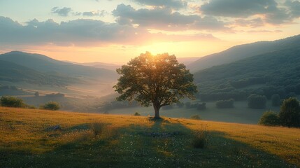 Wall Mural - sunrise over rolling hills with a lone tree in a tranquil valley