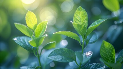 Wall Mural - fresh green leaves shimmering in sunlight during springtime in a lush garden