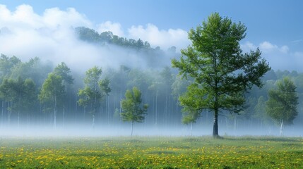 Wall Mural - mist settles over a serene meadow filled with wildflowers at dawn in a tranquil forest