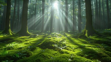 Wall Mural - sunlight filtering through trees in a serene forest with vibrant moss on the ground