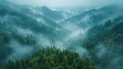 Wall Mural - misty hills and lush greenery in a forest landscape during early morning hours