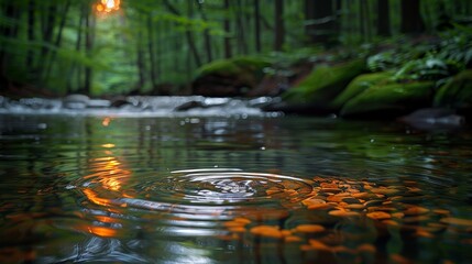 Wall Mural - rippling water in a serene forest stream at sunset, reflecting orange hues from fallen leaves
