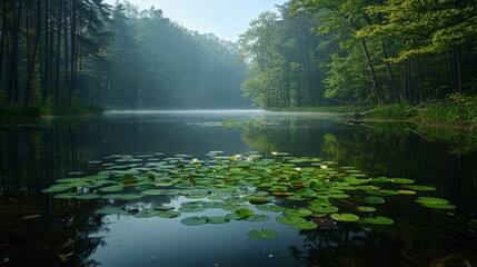 Wall Mural - tranquil morning light over a serene pond with lily pads surrounded by lush forest