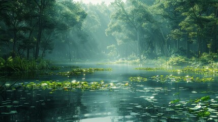 Wall Mural - tranquil lake surrounded by lush forest in early morning light