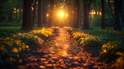 Wall Mural - sunlit pathway through a tranquil forest during sunset